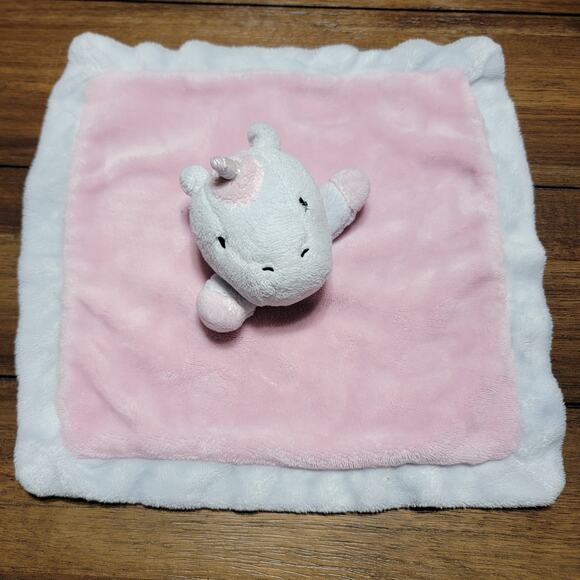 Simpli Cute Pink & White Infant Security Blanket w/ Unicorn 12" x 12" - Picture 1 of 5